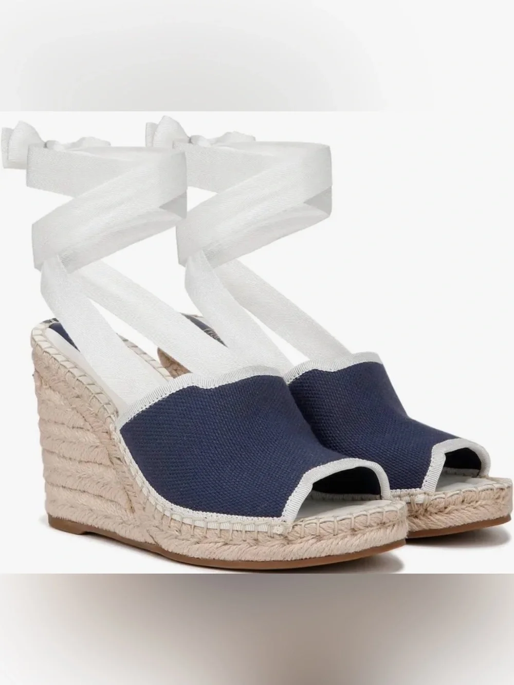 Franco Sarto Navy Canvas Sierra Espadrille Wedge with Cream Ankle Ties NIB 9.5M